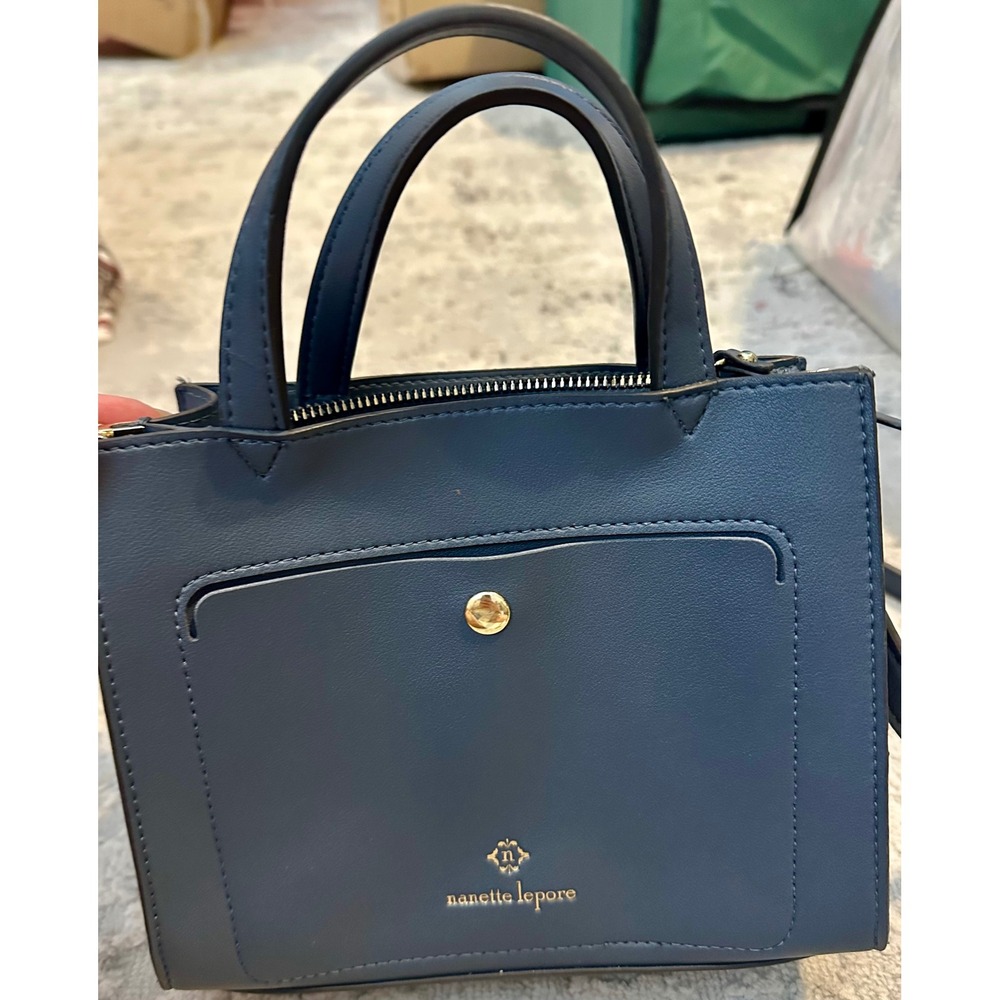 Nanette Lepore Slate Blue Small Satchel Crossbody Handbag Gold Hardware Pocket - Picture 3 of 9